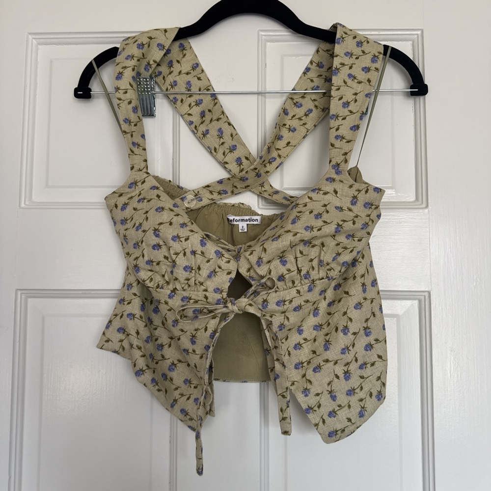 Reformation Cream Floral Tie-Front Crop Top with Blue Accent